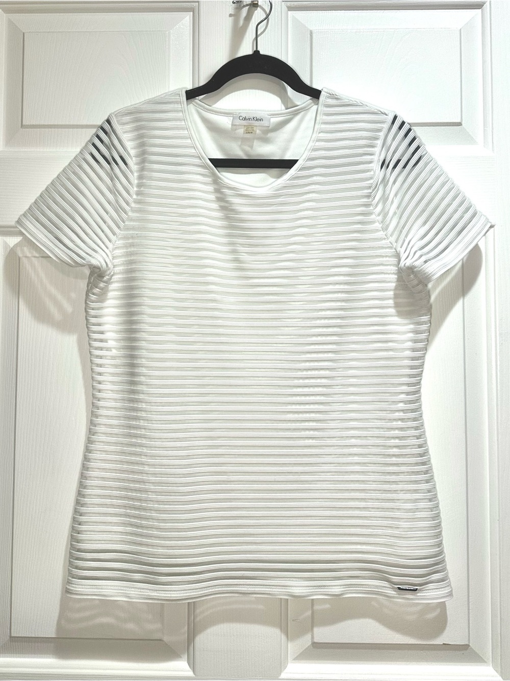 Calvin Klein White  and Sheer Short Sleeve Ribbed Stripe Tee